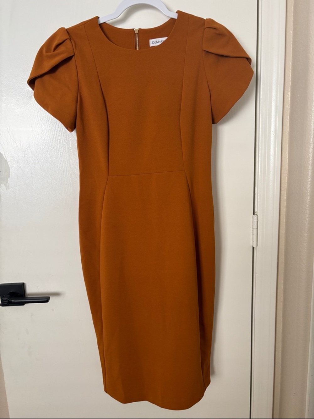 Calvin Klein Burnt Orange Puff-Sleeve Midi Dress
